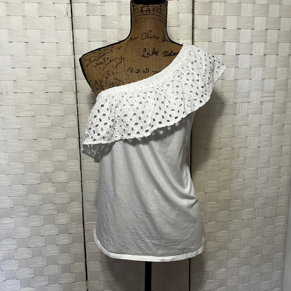Ann Taylor LOFT One Shoulder Top Eyelet Ruffle White Asymmetric Cotton Size XL